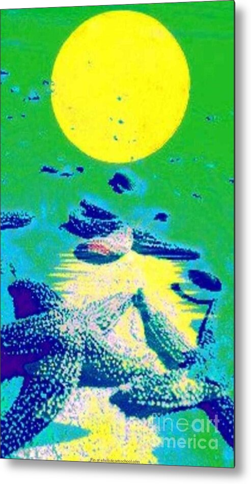 Blue Starfish Metal Print featuring the painting Blue Starfish Yellow Moon by PainterArtist FIN