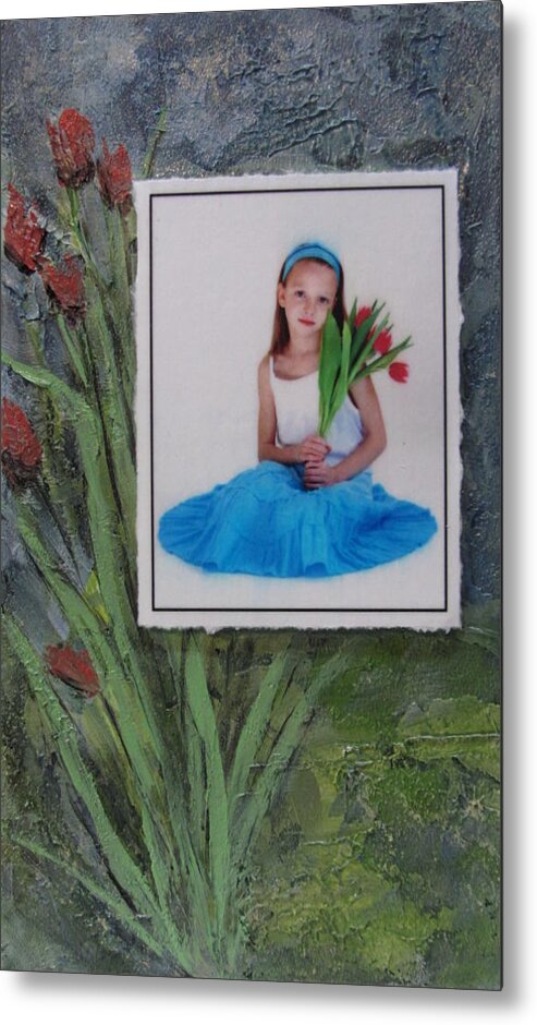 Girl Metal Print featuring the mixed media Girl with Tulips by Anita Burgermeister
