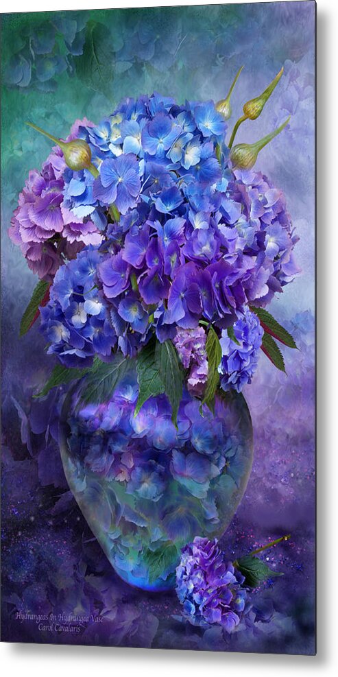 Hydrangeas Metal Print featuring the mixed media Hydrangeas In Hydrangea Vase by Carol Cavalaris