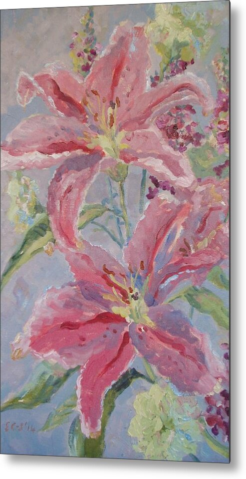 Still Life Of Flowers Metal Print featuring the painting Lilies and Carnations by Elinor Fletcher