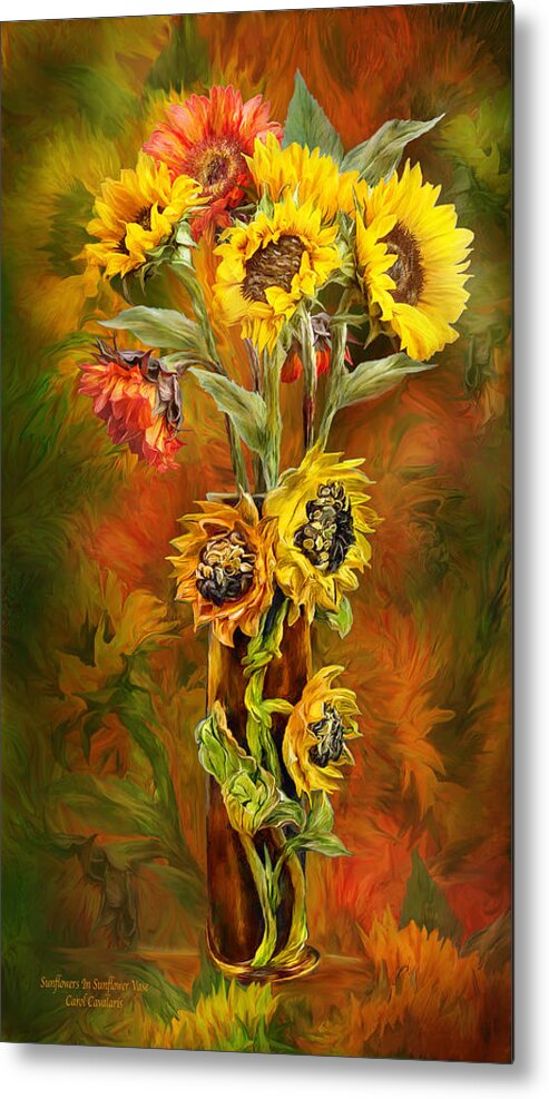 Sunflowers Metal Print featuring the mixed media Sunflowers In Sunflower Vase by Carol Cavalaris