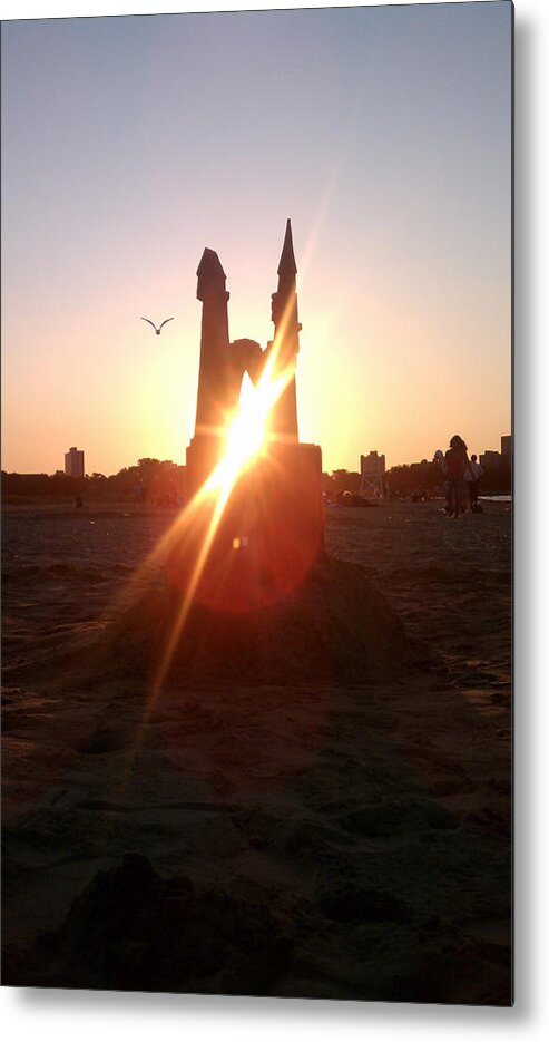 Sunset Metal Print featuring the photograph Sunset Sunlit Sandcastle with Flying Bird on a Chicago Beach by M Zimmerman