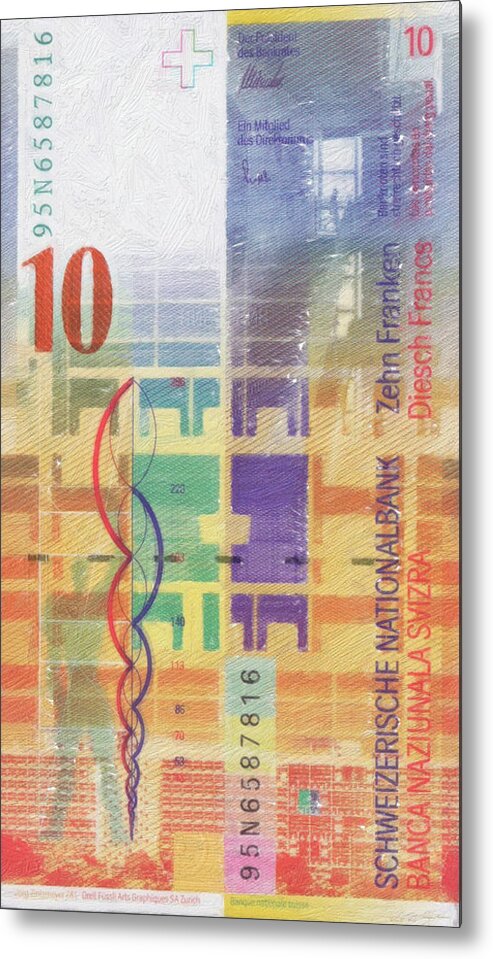 'paper Currency' Collection By Serge Averbukh Metal Print featuring the digital art 10 Swiss Franc Pop Art Bill by Serge Averbukh