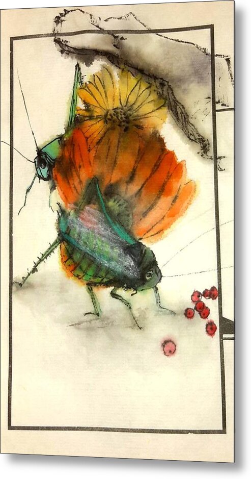 Insects. Cricket.flower. Metal Print featuring the painting Bugs and blooms album #2 by Debbi Saccomanno Chan