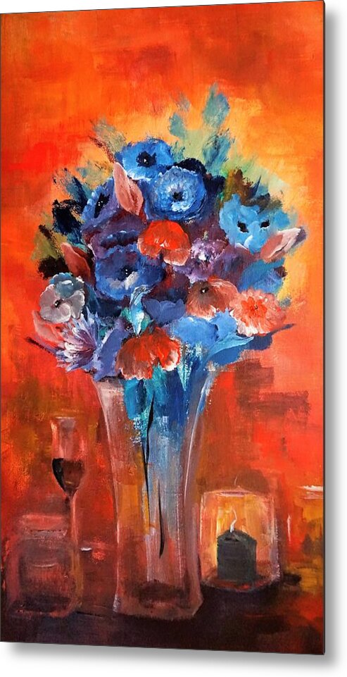Blue Metal Print featuring the painting Blue In The Warmth Of Candlelight by Lisa Kaiser