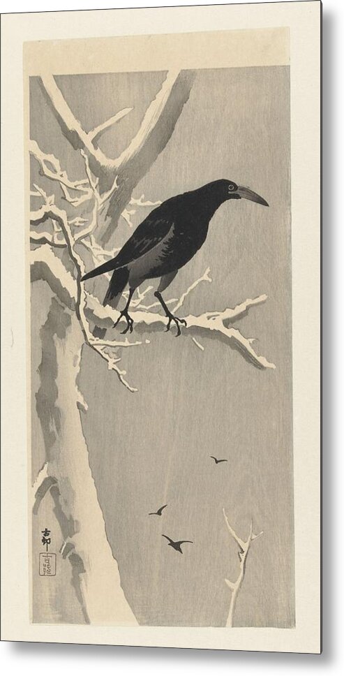 Crow On Snowy Tree Branch Metal Print featuring the painting Crow on snowy tree branch by Ohara Koson