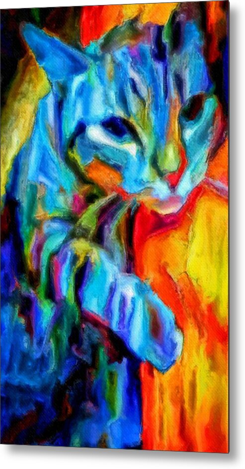 Flaming Metal Print featuring the painting Flaming blue and orange kitty cat tiger resting gently from the prowl by MendyZ