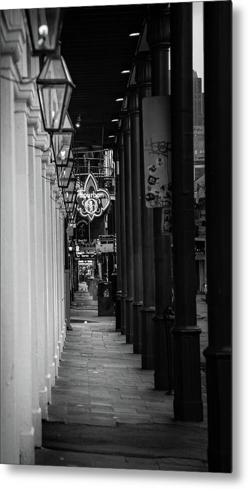 New Orleans Metal Print featuring the photograph Gas Lamps On Bourbon In Black and White by Greg and Chrystal Mimbs