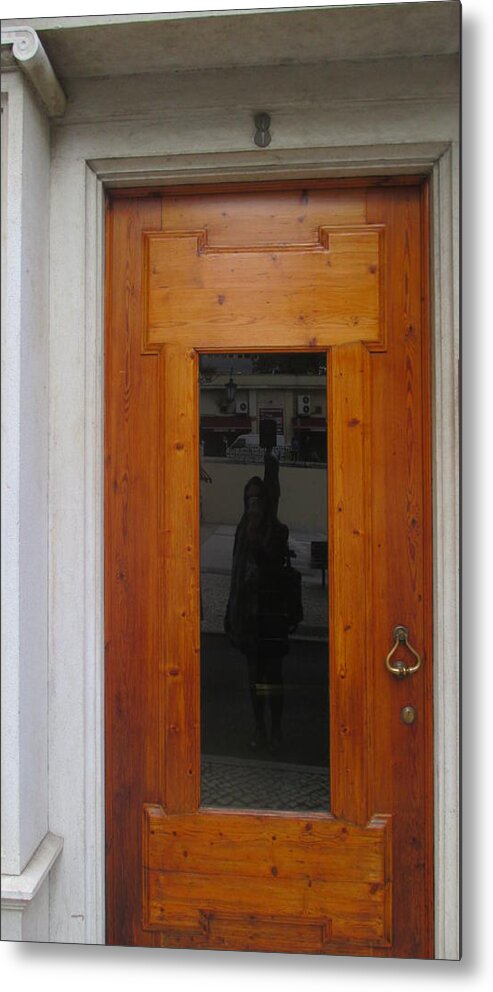 Door Metal Print featuring the photograph old door in Lisbon with my reflection by Anamarija Marinovic