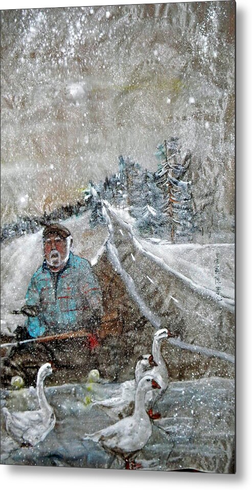 Landscape. Idaho. Figure. Transportation.birds. Geese. Winter Metal Print featuring the painting Ron In A Rut by Debbi Saccomanno Chan