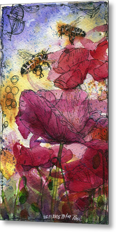 Bees Metal Print featuring the painting Wee Bees and Poppies by Petra Rau