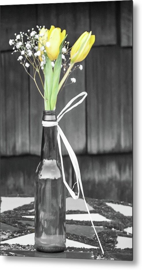 Terry D Photography Metal Print featuring the photograph Yellow Tulips in Glass Bottle by Terry DeLuco