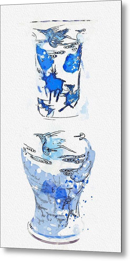 Pottery Metal Print featuring the painting A BLUE AND WHITE YENYEN VASE watercolor by Ahmet Asar by Celestial Images
