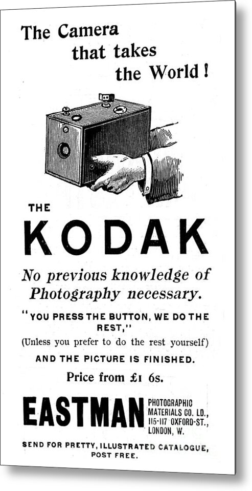 Engraving Metal Print featuring the drawing Advertisement For Kodak Cameras, 1893 by Print Collector