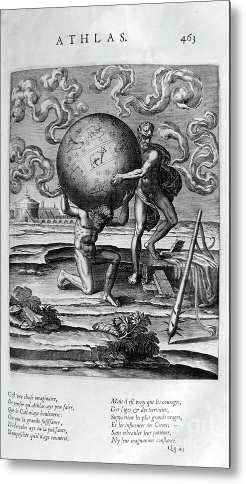 Engraving Metal Print featuring the drawing Atlas, 1615. Artist Leonard Gaultier by Print Collector