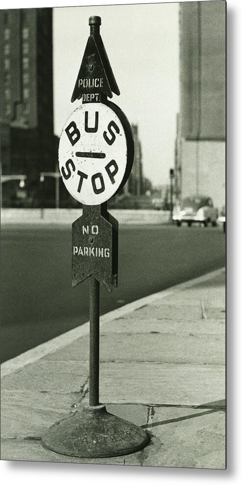 Curve Metal Print featuring the photograph Bus Stop Sign On Sidewalk, B&w by George Marks