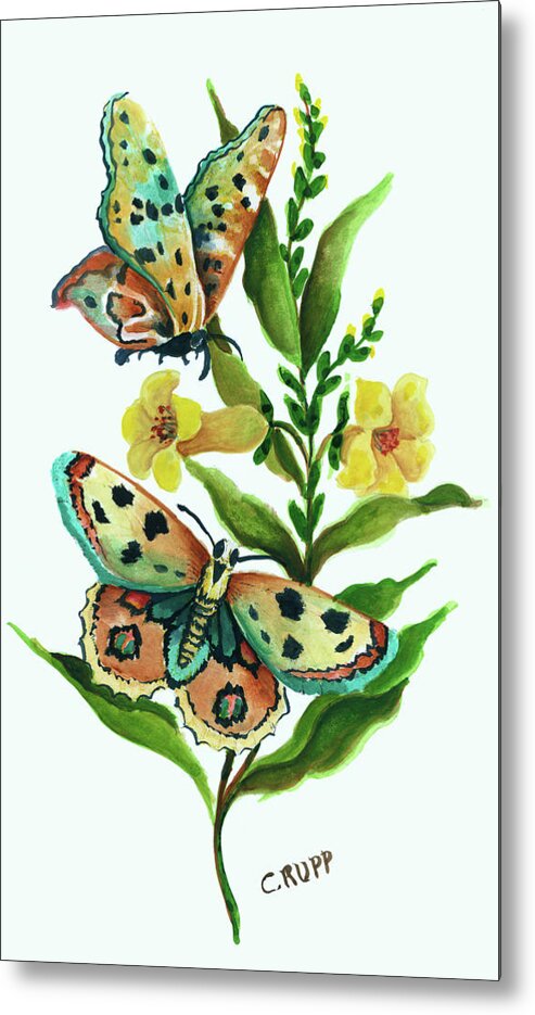 Butterfly On Yellow Floral Metal Print featuring the painting Butterfly On Yellow Floral by Carol J Rupp