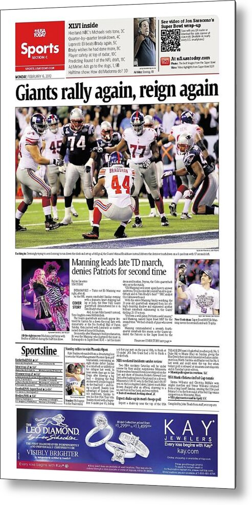 Usa Today Metal Print featuring the digital art 2012 Giants vs. Patriots USA TODAY SPORTS SECTION FRONT by Gannett