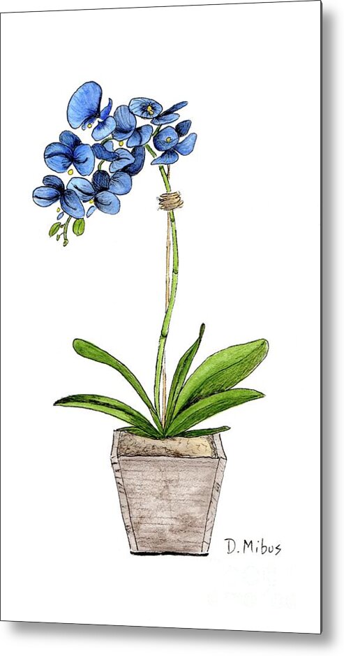 Blue Mystique Orchids Metal Print featuring the painting Blue Mystique Orchids in Wood Planter by Donna Mibus