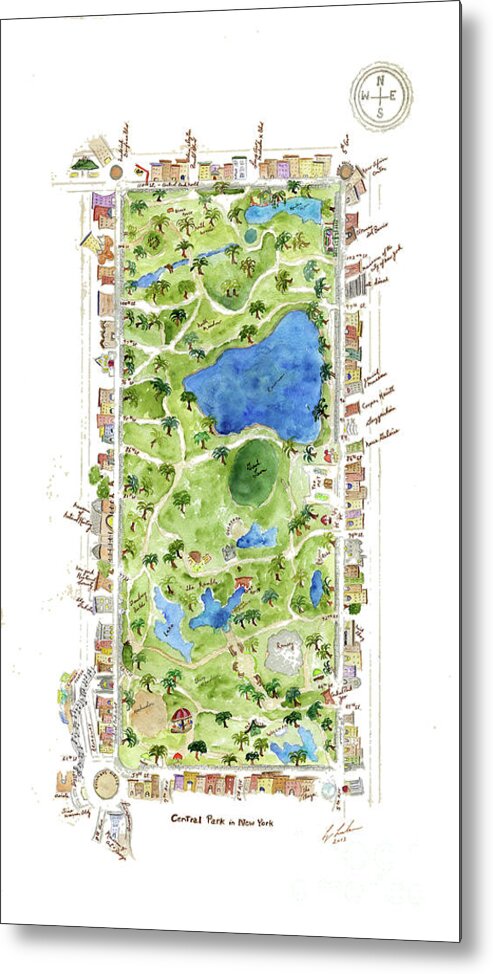 Central Park Map Metal Print featuring the painting Central Park on White by Afinelyne