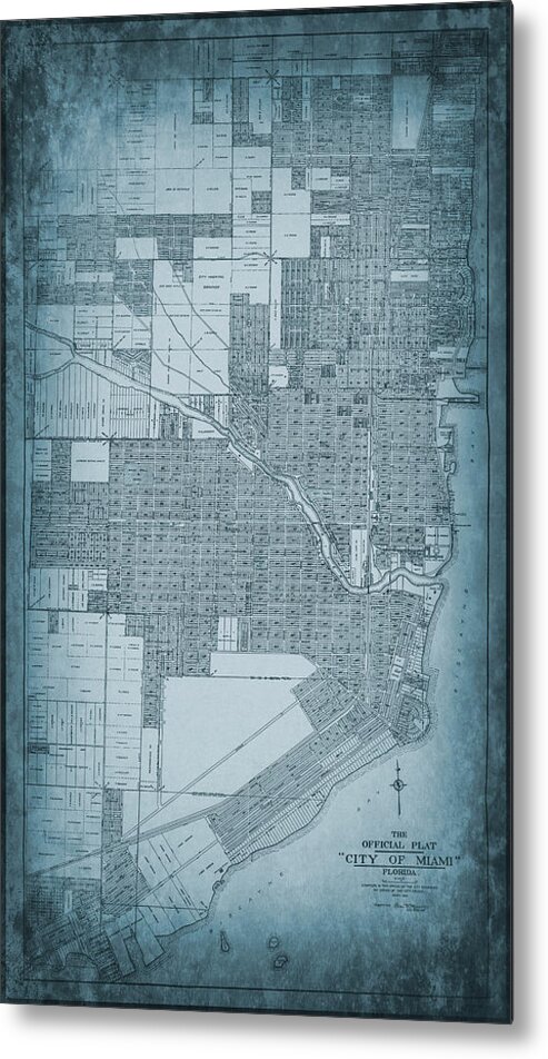 Miami Metal Print featuring the photograph Miami Florida Antique City Map 1918 Ocean Blue by Carol Japp
