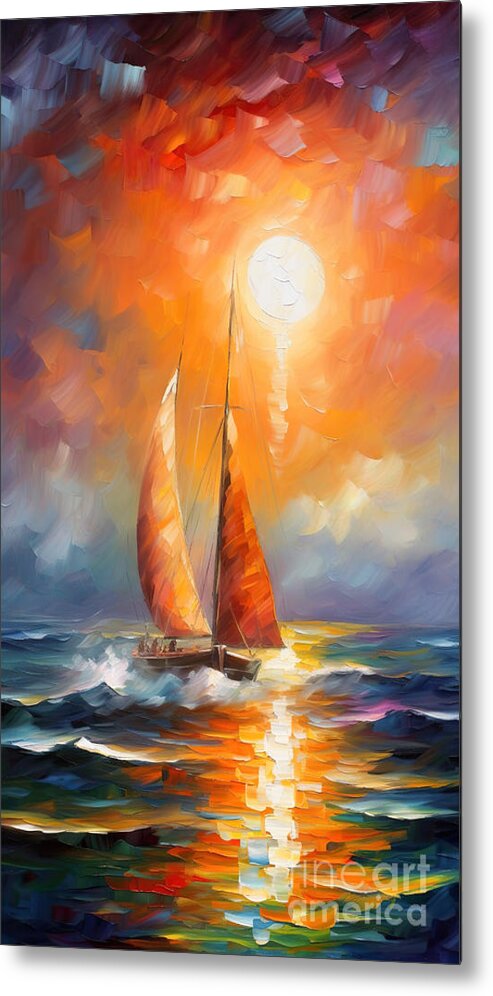 Boats Metal Print featuring the painting Sailboat In A Calm Sunset 3 by Mark Ashkenazi