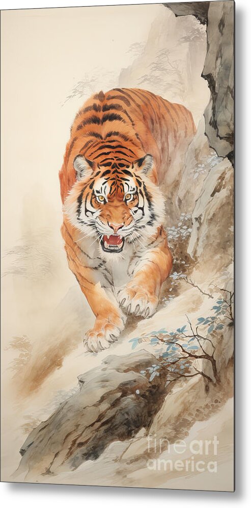 Tiger Metal Print featuring the drawing Tiger Descending from the Mountain by Carlos Diaz