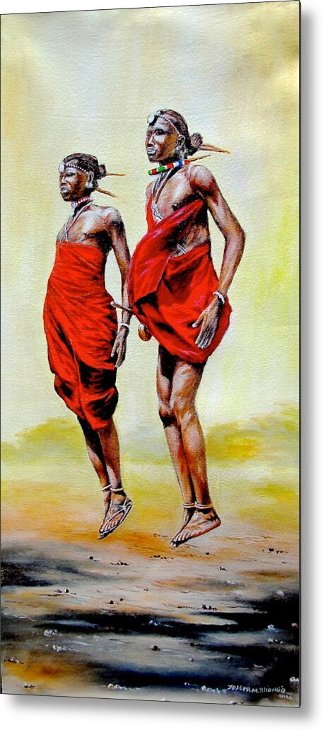 African Paintings Metal Print featuring the painting Jumping Maasai by Joseph Thiongo