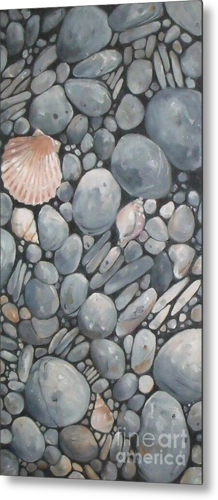Doodlefly Metal Print featuring the painting Scallop Shell and Black Stones by Mary Hubley
