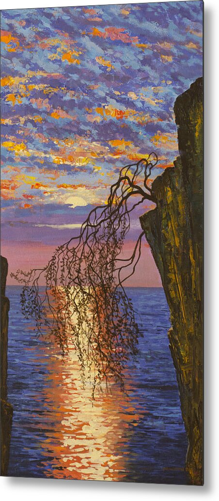 Sunset Metal Print featuring the painting Sunset on cliff by Vrindavan Das