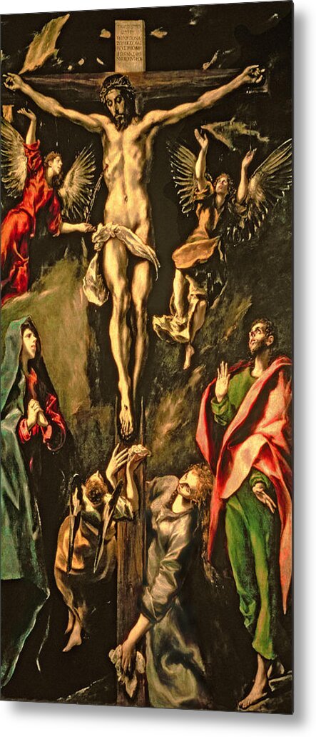 Mourning; Mary Magdalene; Angels Metal Print featuring the painting The Crucifixion by El Greco Domenico Theotocopuli