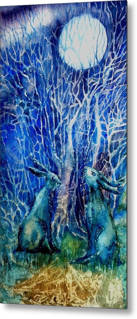  Hares Metal Print featuring the painting Two Hares Contemplate an Owl by Moonlight   by Trudi Doyle