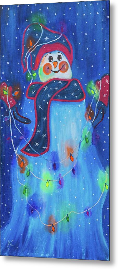 Snowman Metal Print featuring the painting Bright Light Snowman by Neslihan Ergul Colley