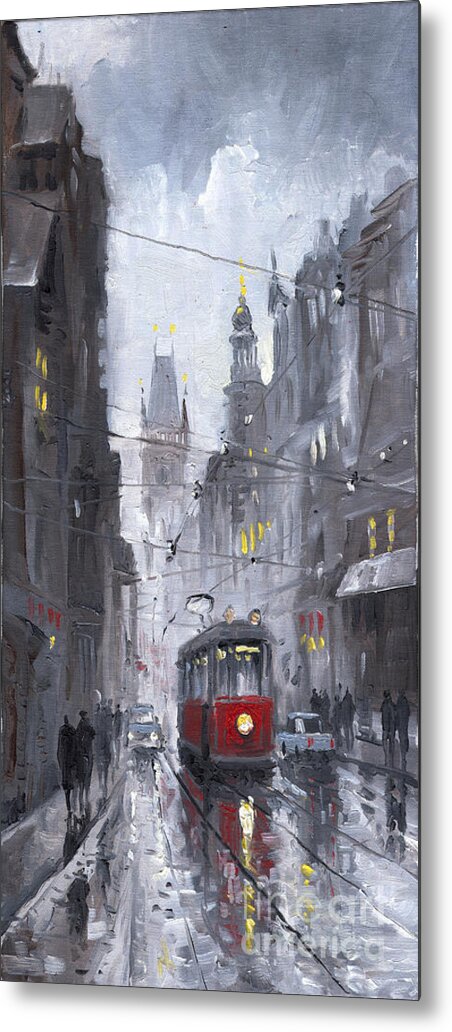 Oil On Canvas Metal Print featuring the painting Prague Old Tram 03 by Yuriy Shevchuk