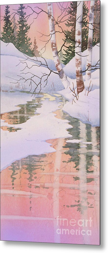 Birch Reflections Ii. Snow Scene Metal Print featuring the painting Birch Reflections II by Teresa Ascone
