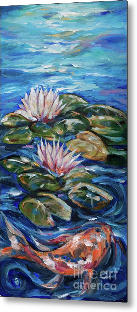 Koi Metal Print featuring the painting Koi with Two Blooms by Linda Olsen
