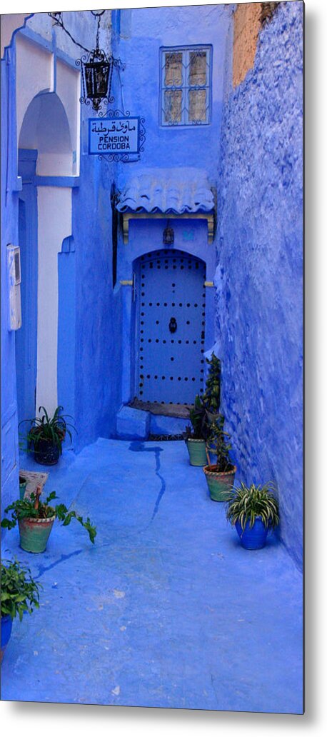 Architecture Metal Print featuring the photograph Colourful Blue Side Alley with Hotel Entry Door Chefchaouen Morocco by PIXELS XPOSED Ralph A Ledergerber Photography