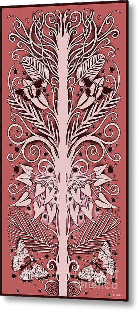 Espalier Tree Metal Print featuring the mixed media Inked French Style Espalier Tree with Butterflies in Brick Red by Lise Winne