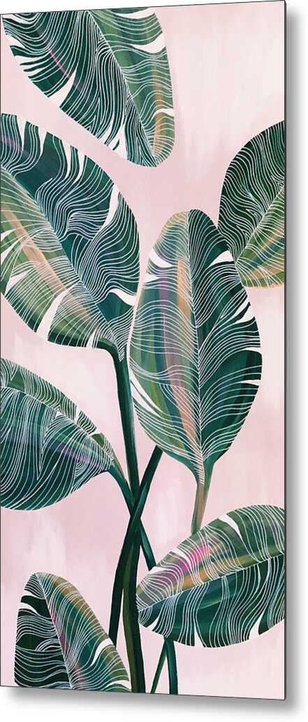 Palm Leaves Banana Leaves Palm Beach Florida Leaves Tropical Pink Metal Print featuring the painting Palm beach by Meredith Palmer