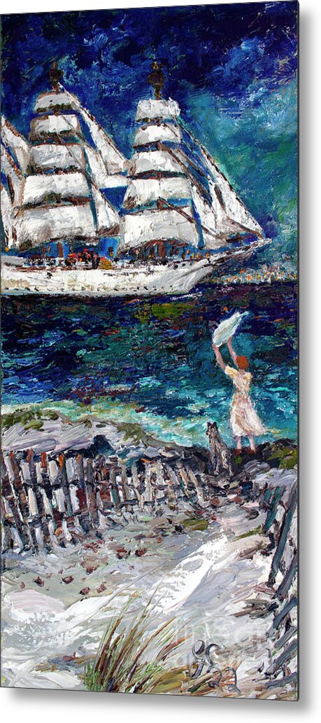 Oil Paintings Of Ships Metal Print featuring the painting Savannah Georgia Waving Girl Chinese Merchant Ship by Ginette Callaway