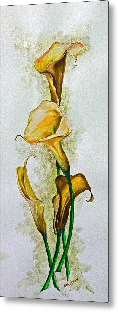 Yellow Flower Metal Print featuring the painting Yellow Callas #1 by Karin Dawn Kelshall- Best