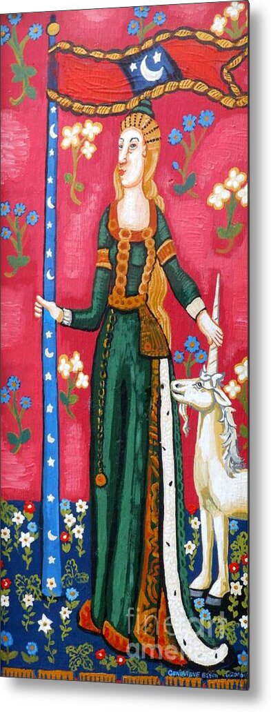 Unicorn Tapestries Metal Print featuring the painting Lady and The Unicorn la pointe by Genevieve Esson
