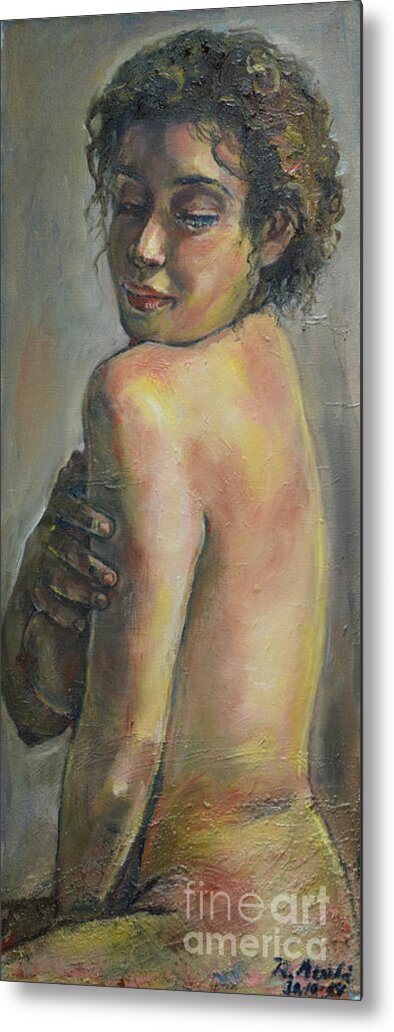 Raija Merila Metal Print featuring the painting Over The Shoulder by Raija Merila