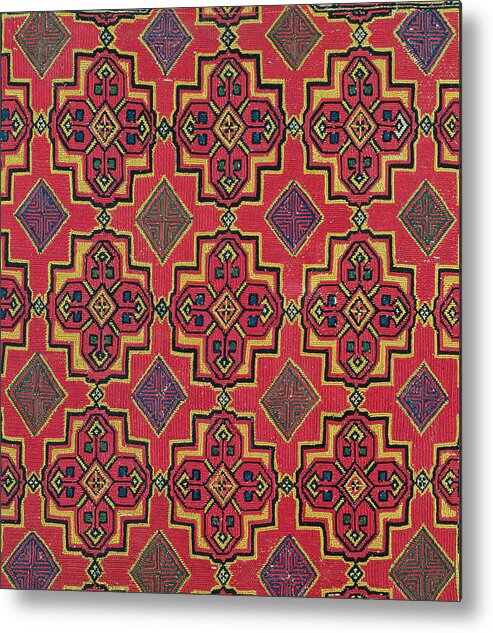 Abstract; North African; Tapestry; Design; Moroccan; Moroccan Design; Design; Designs; Geometric; Textile; Geometry; Bright; Bold; Color; Colors; Red; Yellow; Purple; Blue; Green; Pattern; Patterns; Decoration; Decor; Textile Design; Print; Morocco; 18th Century; Eighteenth Century; Moroccan School; Art; Shape; Shapes; Repetition; Repeating; Metal Print featuring the painting Textile with geometric pattern by Moroccan School