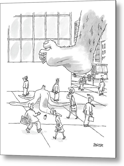 Fictional Characters Urban Movies
(startled Pedestrians Scatter As King Kong Is About To Step On A Banana Peel.)119521 Jzi Jack Ziegler Metal Print featuring the drawing New Yorker October 18th, 2004 by Jack Ziegler