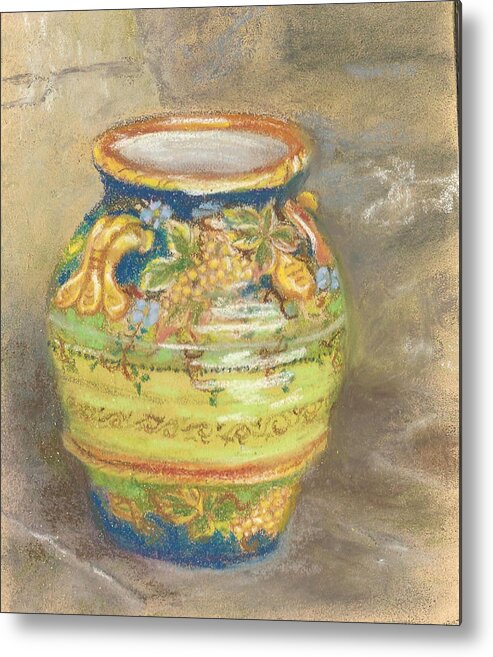 Miniature Pastel Painting Metal Print featuring the painting Blue and Gold Italian Pot by Harriett Masterson