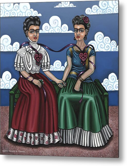 Hispanic Folk Art Metal Print featuring the painting Frida Beside Myself by Victoria De Almeida