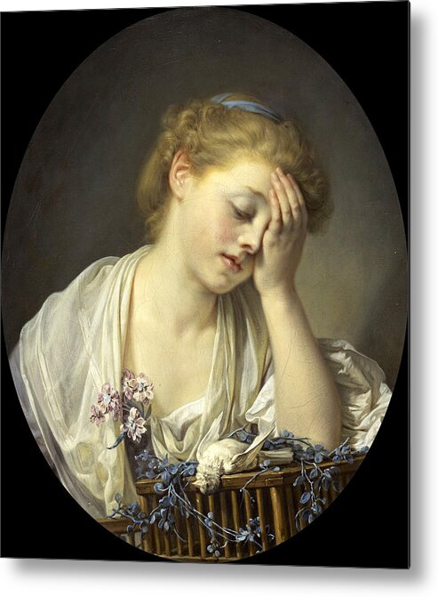 Jean-baptiste Greuze Metal Print featuring the painting Girl with a Dead Canary by Jean-Baptiste Greuze