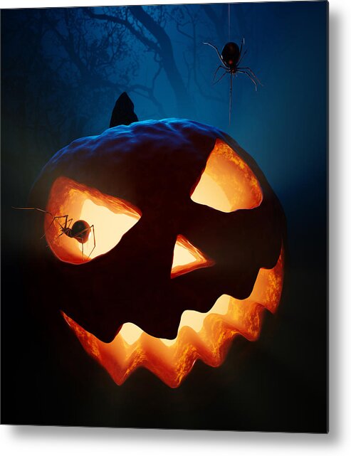 Halloween Metal Print featuring the photograph Halloween pumpkin and spiders by Johan Swanepoel