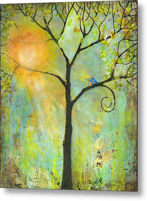 Tree Metal Print featuring the painting Hello Sunshine Tree Birds Sun by Blenda Studio